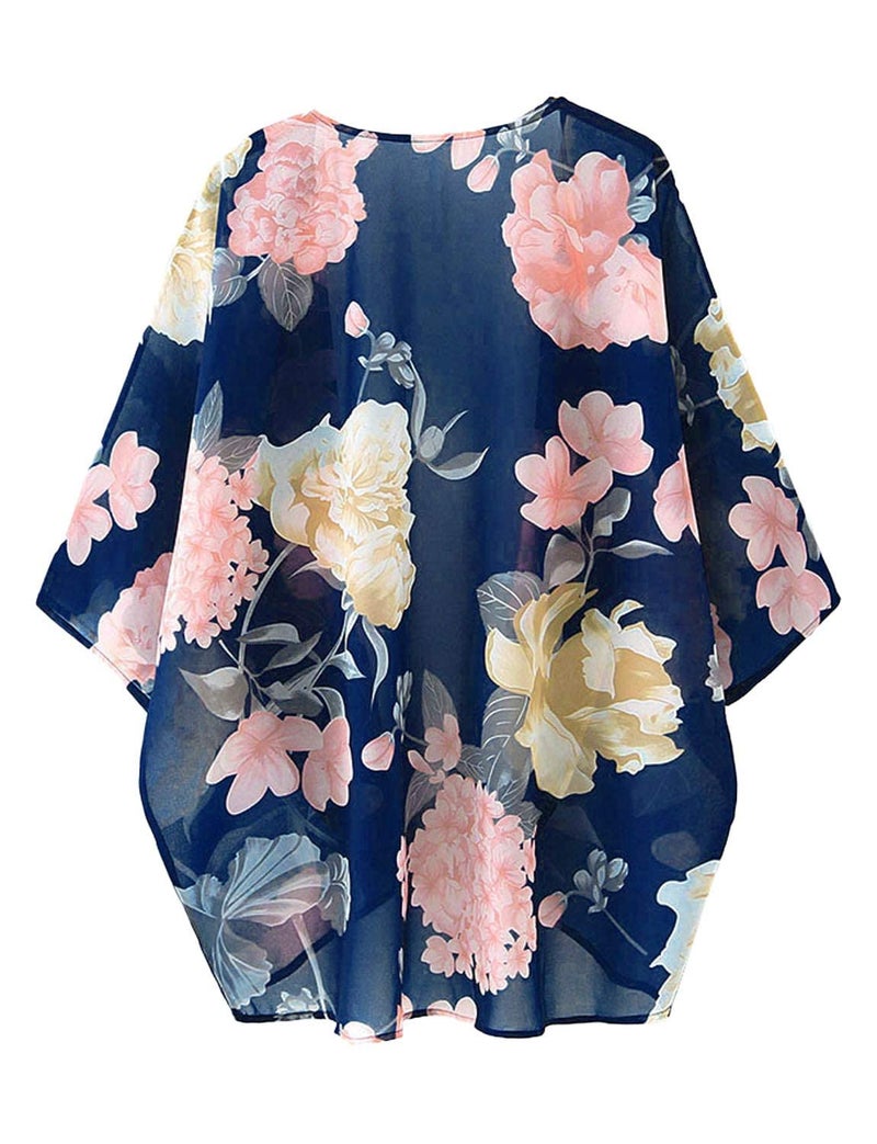 BB&KK Women's Chiffon Floral Kimono Cover Ups Tops Lightweight Summer Cardigans Beach Sheer Boho Shirts Deep Blue Small - Image 5